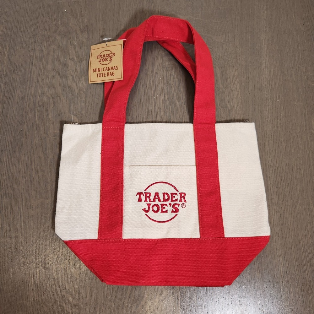 Trader Joe's Mini Canvas Tote Bag Red Off-White NWT New Grocery Handbag Purse